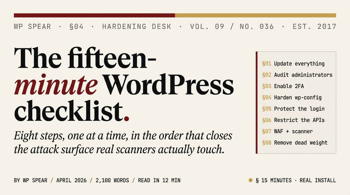 WordPress Security Checklist: editorial feature spread. The title "The fifteen-minute WordPress checklist" in Fraunces serif with "minute" set in burgundy italic. A numbered procedure card on the right lists the eight steps: update, audit administrators, enable 2FA, harden wp-config, protect the login, restrict the APIs, WAF plus scanner, remove dead weight.
