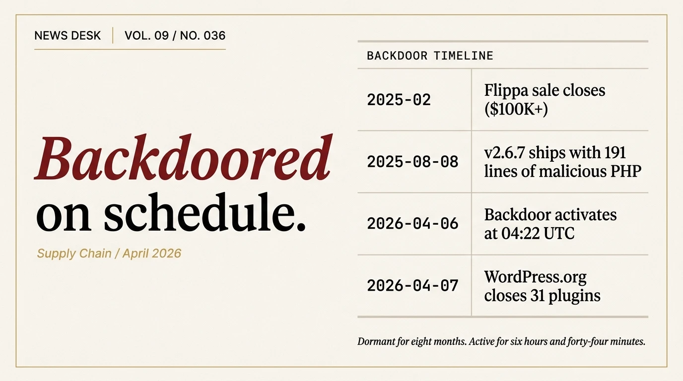 Editorial hero for the Essential Plugin supply chain backdoor news story, showing a four-row timeline panel with the Flippa sale, v2.6.7 release, backdoor activation on April 6, and WordPress.org plugin closure dates