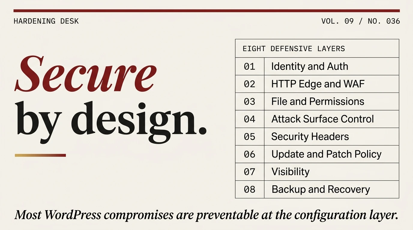 Editorial hero for the WordPress hardening pillar guide: a two-column feature spread with a Secure by design display headline on the left and an Eight Defensive Layers panel on the right listing identity and auth, HTTP edge and WAF, file and permissions, attack surface control, security headers, update and patch policy, visibility, and backup and recovery.