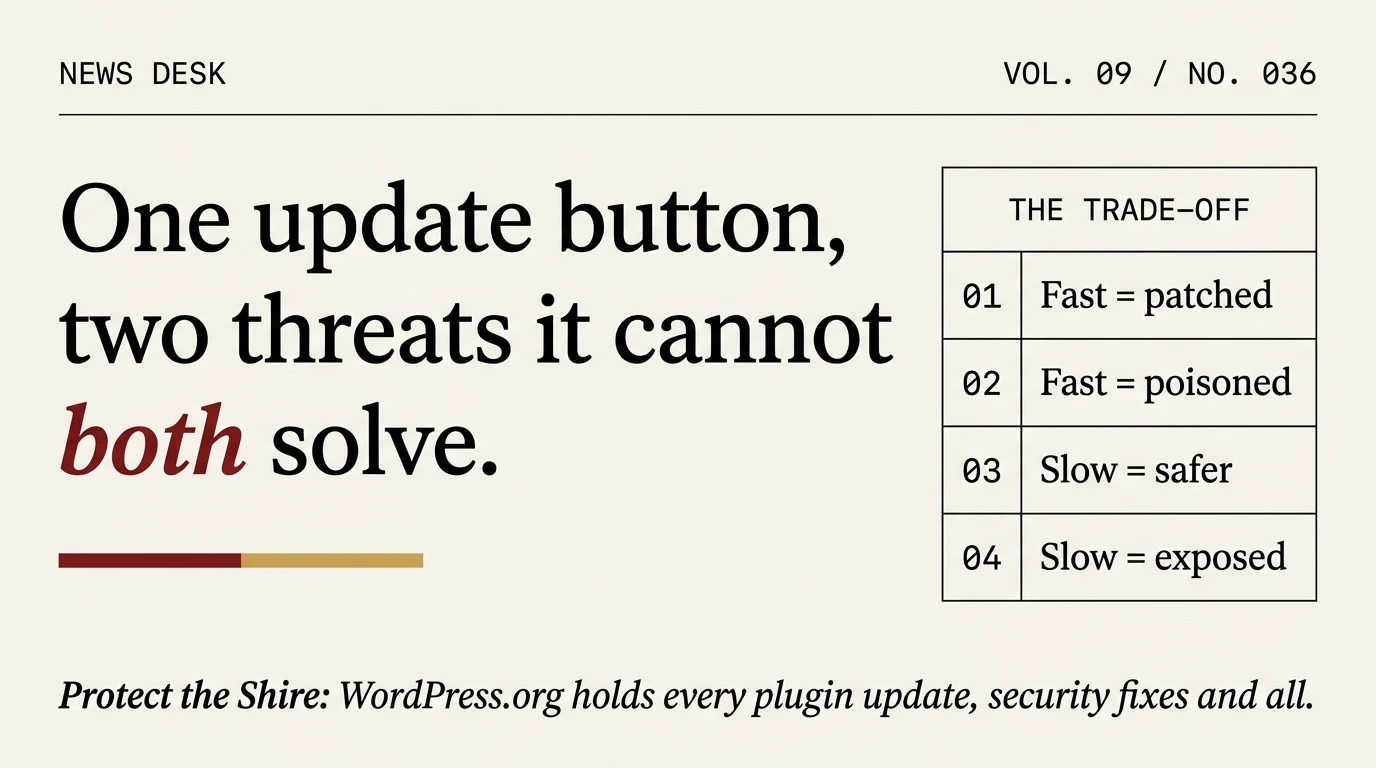 Editorial cover: WordPress Protect the Shire holds every plugin update including security fixes, and the fast versus safe trade-off it creates
